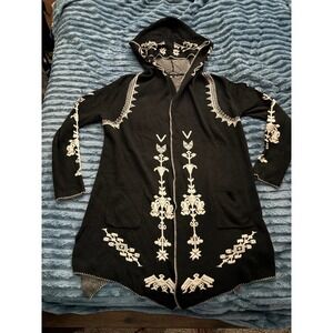 Get Primped Black Embroidered Hooded Open Front Long Cardigan Sweater Womens S
